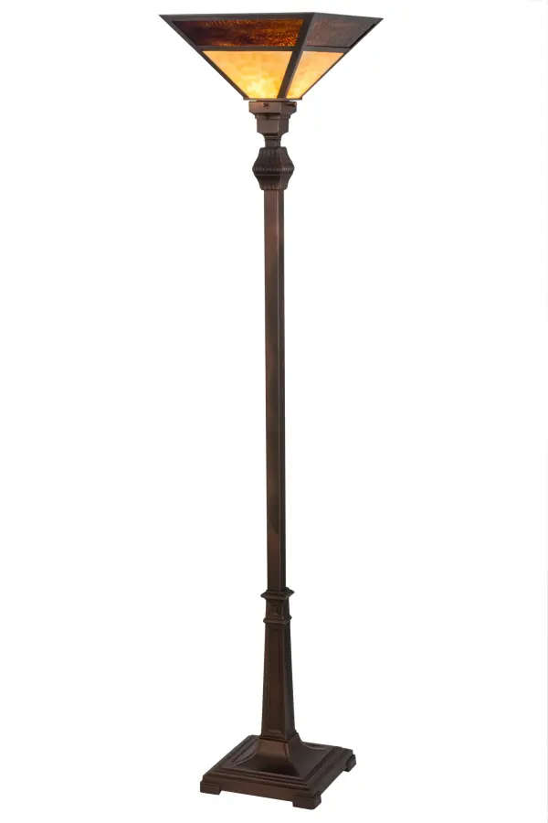A stunning Mission styled pendant inspired by the Arts & Crafts movement. A luxurious Beige art glass shade is trimmed with Root Beer glass and inverted for beautiful ambient uplighting. The shade is complemented with a Solid Brass frame and a decorative floor base featured in a warm Mahogany Bronze finish. The lamp is the perfect illuminating accent for nearly any room. The lamp is available in custom colors; styles and sizes available. Energy efficient lamping options are offered. Handmade in the USA! UL and cUL listed for dry locations.