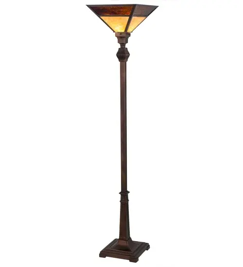 A stunning Mission styled pendant inspired by the Arts & Crafts movement. A luxurious Beige art glass shade is trimmed with Root Beer glass and inverted for beautiful ambient uplighting. The shade is complemented with a Solid Brass frame and a decorative floor base featured in a warm Mahogany Bronze finish. The lamp is the perfect illuminating accent for nearly any room. The lamp is available in custom colors; styles and sizes available. Energy efficient lamping options are offered. Handmade in the USA! UL and cUL listed for dry locations. - alternate view