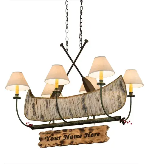 This handsome 6-light chandelier; complete with Antique Copper finished steel paddles; is the perfect complement to your camp; home; lodge or cabin. Your family name or business name and logo can be custom engraved with a hot iron branding on the attached signage. This charming fixture features a faux birch bark Canoe; which is surrounded by 6 curved arms with Aged Celadon Beige Textrene shades that top luminaires on bobeches. The hardware includes Tarnished Copper finished arms and frame. Custom designs; colors and sizes are available; as well as dimmable energy efficient lamping options. Personalized items are shown as examples of craftsmanship and are not for sale as is". Please contact us for information. " - alternate view