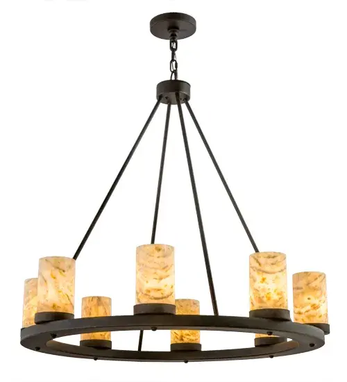Blending an elegant style with a classic distinguished look; Loxley is custom crafted with thinly carved and hand polished natural Jadestone luminaires in Ivory; Light Green; Black and Sunburst hues. The Cylindres are perched on a smooth; circular frame which is featured in a warm Chestnut finish. The chandelier is ideal for illuminating lobbies; conference rooms; entryways and other large residential and commercial spaces. The fixture is handcrafted by our artisans in the USA in our manufacturing facility in Yorkville; New York. Custom colors; styles and sizes are available; as well as dimmable energy efficient lamping options such as LED. The fixture is UL and cUL listed for damp and dry locations. - alternate view