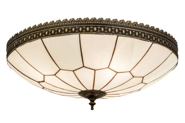The exquisite Honeycomb patterned White Opal glass shade is created with high fired, kiln formed art glass, which is highlighted on this elegant dramatic lighting fixture and will make a stunning design statement in any room. This beautiful shade is complemented with an exquisite, intricate patterned Solid Brass border, along with hardware and matching finial featured in a finish in Craftsman Brown With Highlights. This fixture is handcrafted by our artisans in the USA using the famous Meyda Tiffany copper foil construction process. Custom sizes, styles, and colors are offered, as well as dimmable energy efficient lamping options such as LED. This fixture is UL and cUL listed in dry and damp locations. Collection: Vincent Finish: Craftsman Brown Highlighted Glass: White Art Glass Width: 20.00" Height: 7.50" Length: 20.00" Weight: 8.50 lb Number of Bulbs: 4 Maximum Wattage: 60.00 W Bulb Type: A19 Bulb Base: E26 Country of Origin: USA Safety Listing: Damp Safety Rating: Damp