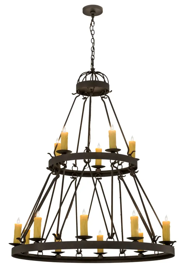 Blending an elegant style with a rich Custom Wrought Iron look, the Lakeshore features two Gilded Tobacco finished steel rings that provide timeless beauty and overall illumination. A total of 15 Ivory faux candlelights are mounted on two tiers of this elaborate structure, each perched on a bobeche.5 luminaires are displayed on the top tier and 10 are affixed to the lower ring, making this chandelier ideal for illuminating entryways, foyers, lobbies and other residential and commercial spaces. Handcrafted in the USA in our manufacturing facility in Yorkville, New York. Custom colors, styles and sizes are available, as well as dimmable energy efficient lamping options such as LED. UL and cUL listed for damp and dry locations. Collection: Lakeshore Finish: Gilded Tobacco Glass: Chocolate,Beige,Gold Width: 48.00" Height: 65.00" Length: 48.00" Weight: 92.00 lb Number of Bulbs: 15 Maximum Wattage: 60.00 W Bulb Type: B10 Bulb Base: E12 Material: Steel Country of Origin: USA Safety Listing: Damp Safety Rating: Damp