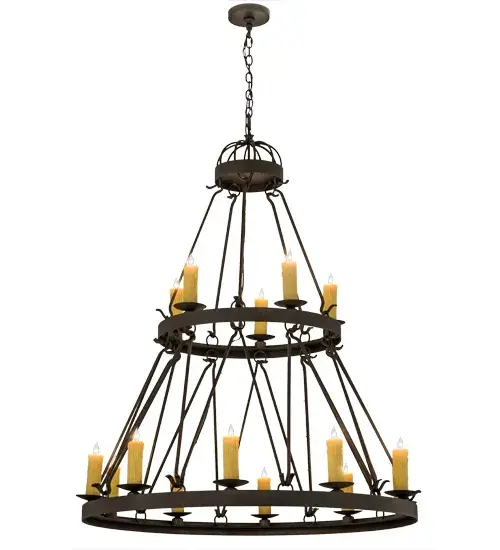 Blending an elegant style with a rich Custom Wrought Iron look, the Lakeshore features two Gilded Tobacco finished steel rings that provide timeless beauty and overall illumination. A total of 15 Ivory faux candlelights are mounted on two tiers of this elaborate structure, each perched on a bobeche.5 luminaires are displayed on the top tier and 10 are affixed to the lower ring, making this chandelier ideal for illuminating entryways, foyers, lobbies and other residential and commercial spaces. Handcrafted in the USA in our manufacturing facility in Yorkville, New York. Custom colors, styles and sizes are available, as well as dimmable energy efficient lamping options such as LED. UL and cUL listed for damp and dry locations. Collection: Lakeshore Finish: Gilded Tobacco Glass: Chocolate,Beige,Gold Width: 48.00" Height: 65.00" Length: 48.00" Weight: 92.00 lb Number of Bulbs: 15 Maximum Wattage: 60.00 W Bulb Type: B10 Bulb Base: E12 Material: Steel Country of Origin: USA Safety Listing: Damp Safety Rating: Damp - alternate view