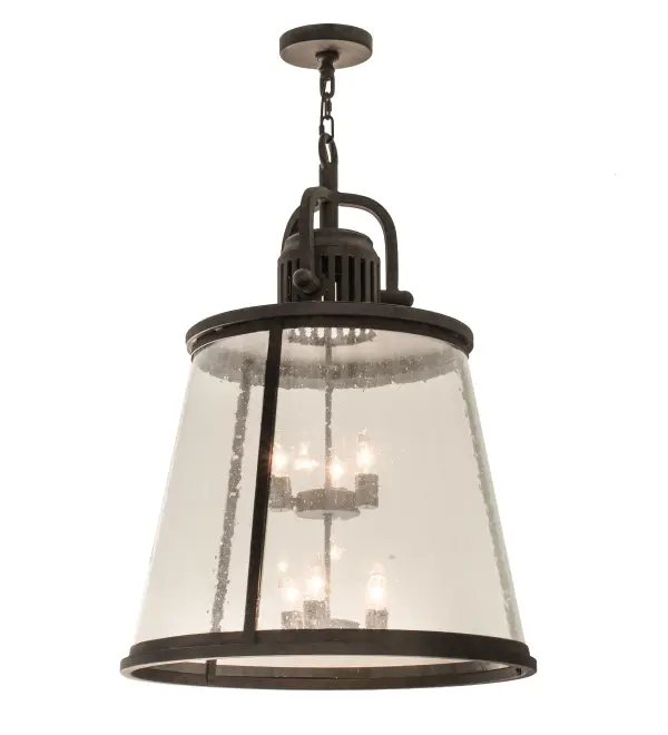 The classic upscale Steadman Lantern is designed with a rugged frame; architectural detailing and brilliant elegance. The tapered Clear Seeded Glass shade reveals six Customer Supplied Medium base lamps that match the Coffee Bean finish of the Custom crafted accents; frame and hardware. Designed with high-style appeal; the charming fixture is used for beautiful ambient lighting in corridors; porches; entryways and other residential and commercial spaces. Custom designs; sizes and finishes are available; as well as dimmable energy efficient lamping options such as LED. The 26-inch wide pendant is UL and cUL listed for dry and damp locations.