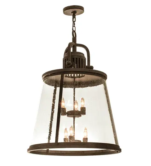 The classic upscale Steadman Lantern is designed with a rugged frame; architectural detailing and brilliant elegance. The tapered Clear Seeded Glass shade reveals six Customer Supplied Medium base lamps that match the Coffee Bean finish of the Custom crafted accents; frame and hardware. Designed with high-style appeal; the charming fixture is used for beautiful ambient lighting in corridors; porches; entryways and other residential and commercial spaces. Custom designs; sizes and finishes are available; as well as dimmable energy efficient lamping options such as LED. The 26-inch wide pendant is UL and cUL listed for dry and damp locations. - alternate view