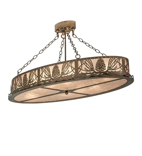 This handsome Pine Cone and needle patterned oval pendant ring with pine branch accents is suspended from chains and illuminated through Silver mica panels. The fixture has an Antique Copper finish and is handcrafted in the USA by Meyda artisans. - alternate view