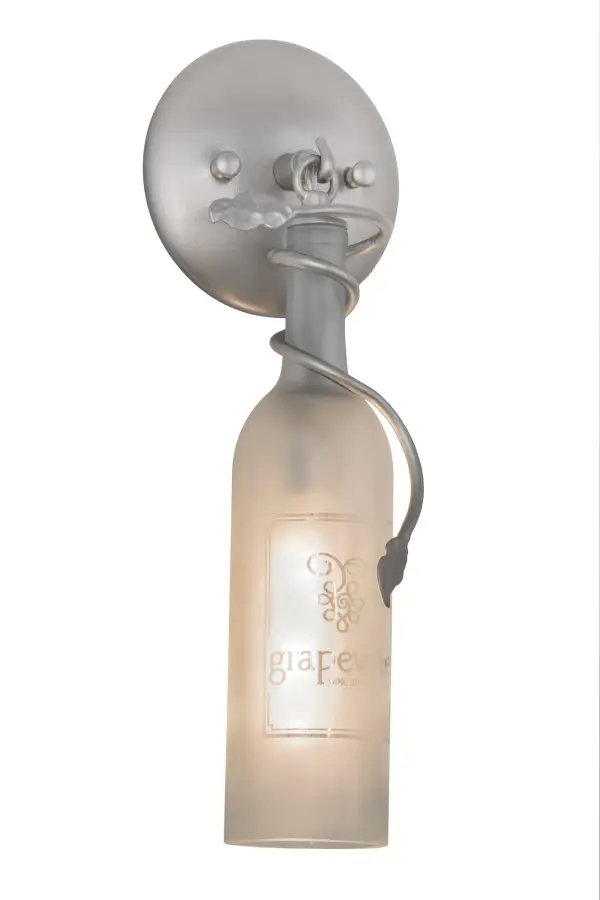 Invite the unique look and elegance of Wine Bottle lighting into any restaurant; club or home. This fixture features a wine bottle that was personalized with the name of the customer Grapevine Wine Shop on the bottle. The Wine Bottle is delicately etched on Clear Frosted glass and complemented with delicate metal grape leaf and vine accents and hardware featured in a Nickel finish. Handcrafted in the USA by our artisans; the fixture is offered in custom styles; colors and sizes. Dimmable energy efficient lamping options such as LED are offered. UL and cUL listed for dry and damp locations. Personalized items are shown as examples of our craftsmanship only and not for sale 'as is;' but can be customized to fit your personal needs.