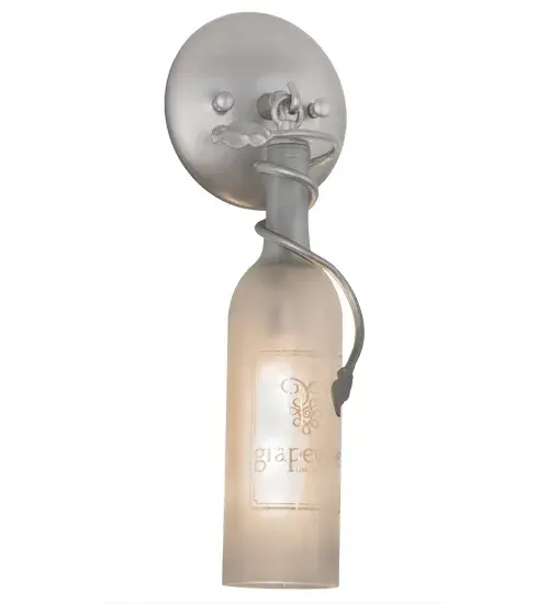 Invite the unique look and elegance of Wine Bottle lighting into any restaurant; club or home. This fixture features a wine bottle that was personalized with the name of the customer Grapevine Wine Shop on the bottle. The Wine Bottle is delicately etched on Clear Frosted glass and complemented with delicate metal grape leaf and vine accents and hardware featured in a Nickel finish. Handcrafted in the USA by our artisans; the fixture is offered in custom styles; colors and sizes. Dimmable energy efficient lamping options such as LED are offered. UL and cUL listed for dry and damp locations. Personalized items are shown as examples of our craftsmanship only and not for sale 'as is;' but can be customized to fit your personal needs. - alternate view