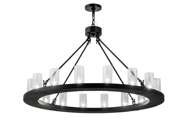 Blending an elegant style with a classic distinguished look, Loxley is custom crafted with 16 Clear Seeded Glass Cylindres perched on a smooth, circular frame, which is featured, in a Black Textured finish. The chandelier is ideal for illuminating lobbies, conference rooms, entryways and other large residential and commercial spaces. The fixture is handcrafted by our artisans in the USA, in our manufacturing facility in Yorkville, New York. Custom colors, styles and sizes are available, as well as dimmable energy efficient lamping options such as LED. The fixture is UL and cUL listed for damp and dry locations. Collection: Loxley Finish: Textured Black Glass: Clear Seeded Glass Width: 48.00" Height: 34.00" Length: 48.00" Weight: 70.00 lb Number of Bulbs: 16 Maximum Wattage: 40.00 W Bulb Type: B11 Bulb Base: E26 Material: Steel Country of Origin: USA Safety Listing: Damp Safety Rating: Damp
