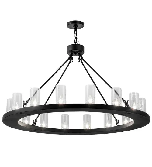 Blending an elegant style with a classic distinguished look, Loxley is custom crafted with 16 Clear Seeded Glass Cylindres perched on a smooth, circular frame, which is featured, in a Black Textured finish. The chandelier is ideal for illuminating lobbies, conference rooms, entryways and other large residential and commercial spaces. The fixture is handcrafted by our artisans in the USA, in our manufacturing facility in Yorkville, New York. Custom colors, styles and sizes are available, as well as dimmable energy efficient lamping options such as LED. The fixture is UL and cUL listed for damp and dry locations. Collection: Loxley Finish: Textured Black Glass: Clear Seeded Glass Width: 48.00" Height: 34.00" Length: 48.00" Weight: 70.00 lb Number of Bulbs: 16 Maximum Wattage: 40.00 W Bulb Type: B11 Bulb Base: E26 Material: Steel Country of Origin: USA Safety Listing: Damp Safety Rating: Damp - alternate view