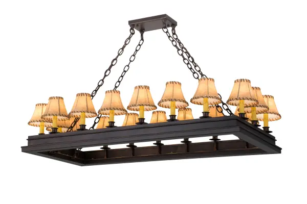 Inspired by the Arts and Crafts Movement while incorporating western influences; Yosemite presents 18 Faux Amber colored candlelights on bobeches crowned with Tan Faux Rawhide-wrapped Leather shades. The bold rugged frame and hardware are hand finished in a warm Mahogany Bronze to complement the shades. The chandelier is handcrafted by Meyda artisans in Upstate New York and offered in custom sizes; styles and colors; and with dimmable energy-efficient lamping options. The fixture is UL and cUL listed for damp and dry locations.