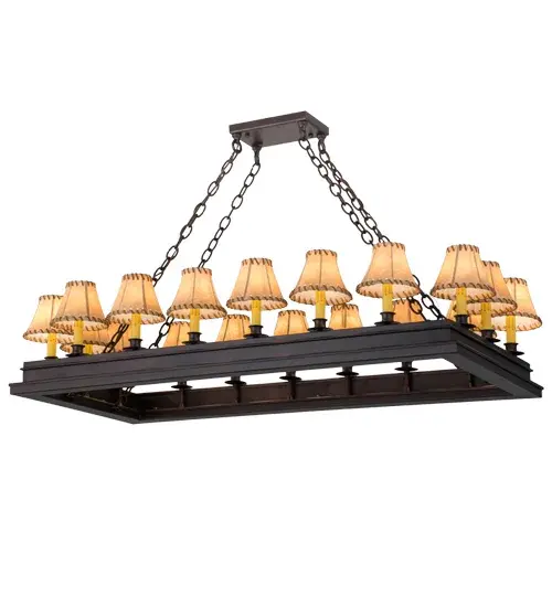 Inspired by the Arts and Crafts Movement while incorporating western influences; Yosemite presents 18 Faux Amber colored candlelights on bobeches crowned with Tan Faux Rawhide-wrapped Leather shades. The bold rugged frame and hardware are hand finished in a warm Mahogany Bronze to complement the shades. The chandelier is handcrafted by Meyda artisans in Upstate New York and offered in custom sizes; styles and colors; and with dimmable energy-efficient lamping options. The fixture is UL and cUL listed for damp and dry locations. - alternate view