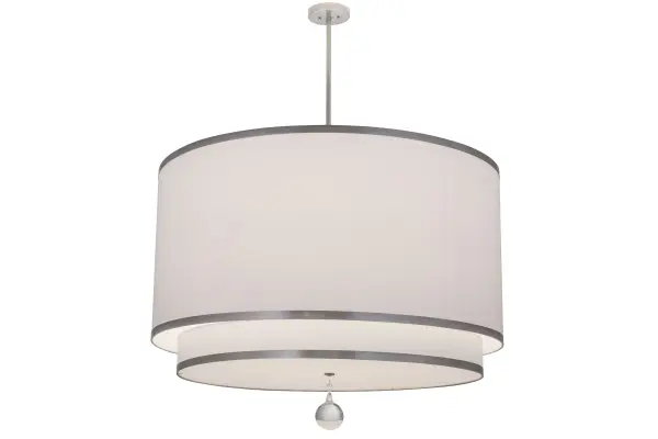 Designed with a round profile and a distinctive architectural look; this versatile two-tier pendant defines a sophisticated aesthetic. The lower White Textrene shade features a Statuario Idalight bottom diffuser with a Crystal finial and enhances a larger White Textrene shade. The twin-shade pendant is complemented with hardware featured in a Nickel finish and illuminated with eight medium base 60-watt bulbs. Handcrafted in our 180;000 square foot manufacturing facility in Yorkville; New York; this transitional styled pendant is available in a wide range of custom choices including various designs; colors; sizes and dimmable lamping options such as LED. UL and cUL listed for damp and dry locations.