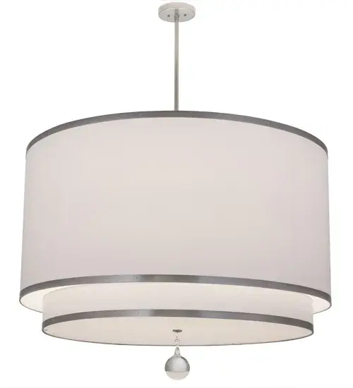 Designed with a round profile and a distinctive architectural look; this versatile two-tier pendant defines a sophisticated aesthetic. The lower White Textrene shade features a Statuario Idalight bottom diffuser with a Crystal finial and enhances a larger White Textrene shade. The twin-shade pendant is complemented with hardware featured in a Nickel finish and illuminated with eight medium base 60-watt bulbs. Handcrafted in our 180;000 square foot manufacturing facility in Yorkville; New York; this transitional styled pendant is available in a wide range of custom choices including various designs; colors; sizes and dimmable lamping options such as LED. UL and cUL listed for damp and dry locations. - alternate view