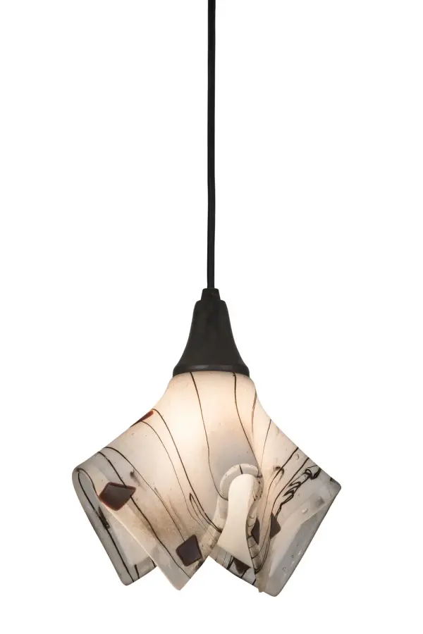 American artisanship combined with European artistry in Purple Iridescent Frit and Black on White Iridescent and Clear glass. Ramoscelli is Italian for small branches or twigs and features abstract expressionistic illumination. Cool glass achieved by high firing hot glass into a unique draped design. This shade is complemented by Craftsman Brown finished cable and hardware. Illuminate a table with this pendant or align the pendant in multiples across an island, bar or counter. Custom styles, colors and sizes are available, as well as dimmable energy efficient lamping options. This pendant is UL and cUL listed for damp and dry locations. Collection: Metro Fusion Finish: Craftsman Brown Glass: White Irid/Black/Streamers Plum Width: 10.00" Height: 14.50" Length: 10.00" Weight: 4.00 lb Extension from Wall: 11.00" Number of Bulbs: 1 Maximum Wattage: 60.00 W Bulb Type: A19 Bulb Base: Medium Material: Metal Or Polyresin Country of Origin: USA Safety Listing: Damp Safety Rating: Damp