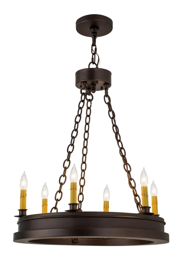 Sophisticated rustic charm with a modern look never looked so good. A solid Mahogany Bronze finished ring is refined with handsome architectural lines and layered design details. Six Ivory faux wax dripping candlelights are perched on smooth round bobeches that provide beautiful ambient illumination. Ideal for entryways; lobbies and as a stunning centerpiece for spaces in residential; hospitality and commercial settings. Overall height ranges from 34 to 82 inches as the chain can be easily adjusted in the field. Domestically manufactured in our 180;000 square foot facility in Yorkville; New York. Customize candlelight colors; metal finishes and fixture sizes to suit your taste. UL and cUL listed for dry and damp locations.