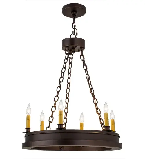 Sophisticated rustic charm with a modern look never looked so good. A solid Mahogany Bronze finished ring is refined with handsome architectural lines and layered design details. Six Ivory faux wax dripping candlelights are perched on smooth round bobeches that provide beautiful ambient illumination. Ideal for entryways; lobbies and as a stunning centerpiece for spaces in residential; hospitality and commercial settings. Overall height ranges from 34 to 82 inches as the chain can be easily adjusted in the field. Domestically manufactured in our 180;000 square foot facility in Yorkville; New York. Customize candlelight colors; metal finishes and fixture sizes to suit your taste. UL and cUL listed for dry and damp locations. - alternate view