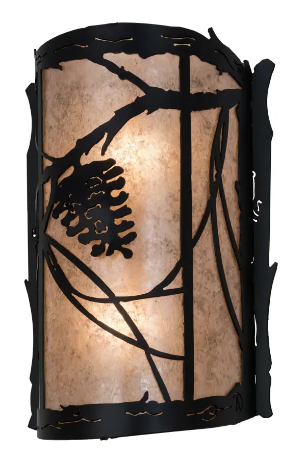 Listen closely.You can almost hear the soft whisper of the pine branches as they dance in the wind.Enjoy the ambiance of soft beautiful light diffused through Silver Mica, which is highlighted with stunning pinecone and pine branch designs. The hardware, frame and decorative accents are featured in a handsome Black finish.This wall sconce ishandcrafted by Meyda Artisans in Yorkville, New York at the foothills of the majestic Adirondack Mountains in the USA.Create the colors, size and style of your choice.Dimmable energy efficient lamping options are available.The sconce is UL and cUL listed for damp and dry locations. Collection: Whispering Pines Finish: Flat Black Glass: Silver Mica Width: 10.00" Height: 14.50" Length: 5.00" Weight: 3.50 lb Extension from Wall: 5.00" Number of Bulbs: 2 Maximum Wattage: 60.00 W Bulb Type: A19 Bulb Base: E26 Material: Steel Country of Origin: USA Safety Listing: Damp Safety Rating: Damp