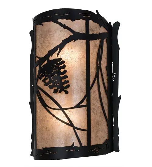 Listen closely.You can almost hear the soft whisper of the pine branches as they dance in the wind.Enjoy the ambiance of soft beautiful light diffused through Silver Mica, which is highlighted with stunning pinecone and pine branch designs. The hardware, frame and decorative accents are featured in a handsome Black finish.This wall sconce ishandcrafted by Meyda Artisans in Yorkville, New York at the foothills of the majestic Adirondack Mountains in the USA.Create the colors, size and style of your choice.Dimmable energy efficient lamping options are available.The sconce is UL and cUL listed for damp and dry locations. Collection: Whispering Pines Finish: Flat Black Glass: Silver Mica Width: 10.00" Height: 14.50" Length: 5.00" Weight: 3.50 lb Extension from Wall: 5.00" Number of Bulbs: 2 Maximum Wattage: 60.00 W Bulb Type: A19 Bulb Base: E26 Material: Steel Country of Origin: USA Safety Listing: Damp Safety Rating: Damp - alternate view