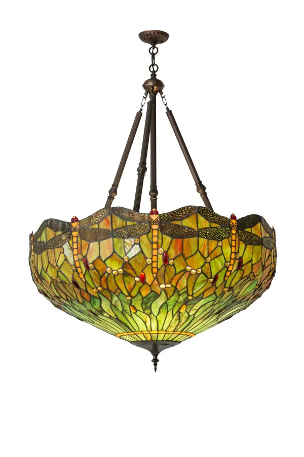 Inspired by Tiffany Studio's beloved stained glass Dragonfly design, this pendant is modeled after the original design. Soaring Sunset colored dragonflies, designed with glowing Ruby colored jeweled eyes and delicate metal filigree wings, circle over Sunburst and Leaf Green art glass, with Amber, Clear and Ruby colored jeweled accents. The shade is created using Meyda Tiffany's famous copperfoil construction and complemented with decorative hardware featured in a warm hand applied Mahogany Bronze finish. The lamp, which is UL and cUL listed for dry locations, is available in custom colors, finishes and sizes. Dimmable energy efficient lamping options such as LED are available. The pendant is UL and cUL listed for damp and dry locations. Collection: Tiffany Hanginghead Dragonfly Finish: Antique Glass: Stained Glass Width: 38.00" Height: 54.00" Length: 38.00" Weight: 44.00 lb Number of Bulbs: 4 Maximum Wattage: 60.00 W Bulb Type: A19 Bulb Base: E26 Material: Metal Or Polyresin Country of Origin: CHINA Safety Listing: Damp Safety Rating: Damp