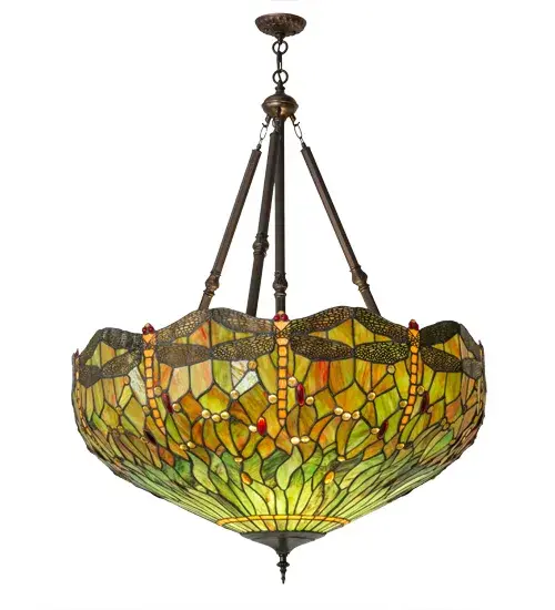 Inspired by Tiffany Studio's beloved stained glass Dragonfly design, this pendant is modeled after the original design. Soaring Sunset colored dragonflies, designed with glowing Ruby colored jeweled eyes and delicate metal filigree wings, circle over Sunburst and Leaf Green art glass, with Amber, Clear and Ruby colored jeweled accents. The shade is created using Meyda Tiffany's famous copperfoil construction and complemented with decorative hardware featured in a warm hand applied Mahogany Bronze finish. The lamp, which is UL and cUL listed for dry locations, is available in custom colors, finishes and sizes. Dimmable energy efficient lamping options such as LED are available. The pendant is UL and cUL listed for damp and dry locations. Collection: Tiffany Hanginghead Dragonfly Finish: Antique Glass: Stained Glass Width: 38.00" Height: 54.00" Length: 38.00" Weight: 44.00 lb Number of Bulbs: 4 Maximum Wattage: 60.00 W Bulb Type: A19 Bulb Base: E26 Material: Metal Or Polyresin Country of Origin: CHINA Safety Listing: Damp Safety Rating: Damp - alternate view