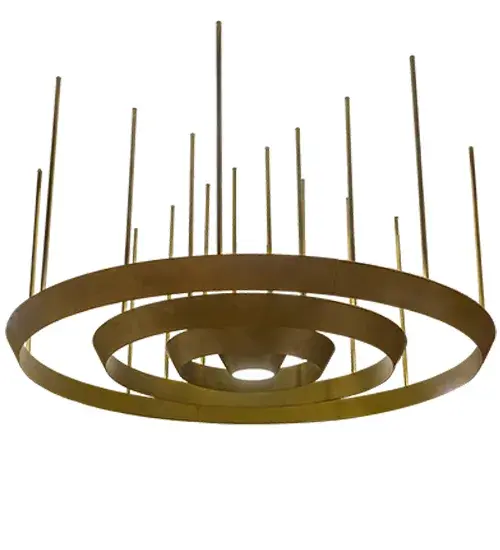 Inspired by the Deco styled engines engineered to propel rockets in vintage sci-fi adventure series; this handsome chandelier features three tapered rings surrounding a downlight which results in a unique intergalactic look. All of the rings and matching hardware are featured in a brilliant Statuary Bronze finish. The fixture includes integral LED uplights and a Clear/Frosted bottom Glass diffuser. Ideal for residential living spaces; conference rooms and lobbies of entertainment companies; hotels and other commercial spaces. Custom crafted in the USA; this luminaire is available in special sizes; finishes; colors and dimmable energy efficient lamping options such as LED. UL and cUL listed for damp and dry locations. - alternate view