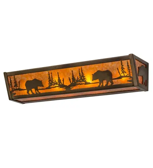 Drawing inspiration from the wildlife and natural beauty in the nearby Adirondack Mountains, this stunning lighting fixture depicts majestic Bears wandering around the woodland lakes.A beautiful ambient glow projects through warm Amber Mica, which is complemented with a frame and hardware featured in an Antique Copper finish. The fixture is ideal for illuminating baths as a vanity light or corridors and other rooms as a wall sconce.The sconce is handcrafted by Meyda artisans in our Yorkville, NY facility at the foothills of the breathtaking Adirondack Mountains.Custom designs, finishes, styles, sizes and dimmable energy efficient lamping are available.The fixture is UL and cUL listed for damp and dry locations. Collection: Bear At Lake Finish: Antique Copper Glass: Amber Mica Width: 24.00" Height: 4.50" Length: 5.50" Weight: 5.50 lb Extension from Wall: 5.50" Number of Bulbs: 4 Maximum Wattage: 60.00 W Bulb Type: A19 Bulb Base: E26 Material: Steel Country of Origin: USA Safety Listing: Damp Safety Rating: Damp - alternate view