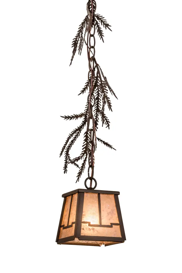 Enjoy the natural beauty of the American woodlands with this inviting pendant.Accented with pine needles and hardware in a warm Cafe Noir finish, the stunning Silver Mica lantern with an abstract valley view design.Handcrafted by Meyda artisans at the foothills of the glorious Adirondack Mountains, the fixture can be placed in multiples to illuminate counters, islands, bars and tables. Custom sizes, styles and colors such as LED are available.The mini pendanat is UL and cUL listed for damp and dry locations. Collection: Pine Branch Finish: Cafe Noir Glass: Silver Mica Width: 7.75" Height: 10.00" Length: 5.50" Weight: 3.50 lb Number of Bulbs: 1 Maximum Wattage: 60.00 W Bulb Type: JCD Bulb Base: G9 Light Source: Halogen Material: Steel Country of Origin: USA Safety Listing: Damp Safety Rating: Damp