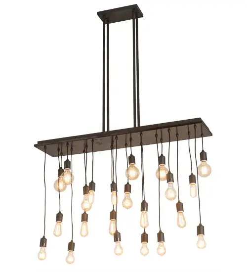 A stunning array of traditional Edison bulbs renders a unique illuminating and decorative centerpiece for any room where you want to make a design statement. 22 incandescent lamps double as unique pendant luminaires that offer a popular chic look for homes; lounges; restaurants and other residential and commercial spaces. The large rectangular canopy features Real Wood with a Walnut Stained Finish for a rustic touch and is enhanced with Oil Rubbed Bronze finished hardware. The lamps are suspended with Black cords. Custom sizes; styles and finishes are available. The pendant is UL and cUL listed for damp and dry locations. - alternate view