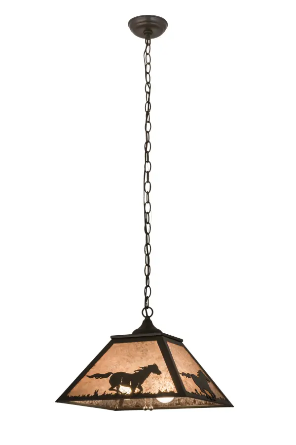A Running Horse is featured galloping along the prairie while the sun rises in the background in this dramatic lighting design. Beautiful ambient lighting is projected through a Silver Mica shade which is enhanced in a stunning Timeless Bronze finish. Overall height ranges from 16 to 45 inches as the chain can be easily adjusted in the field. This pendant is Domestically Produced in our 180,000 square foot manufacturing facility in Yorkville, New York, located at the foothills of the Adirondack Mountains. Customize shade colors, metal finishes and fixture sizes to your taste. UL and cUL listed for dry and damp locations. Collection: Running Horses Finish: Timeless Bronze Glass: Silver Mica Width: 22.00" Height: 15.00" Length: 16.00" Weight: 7.00 lb Number of Bulbs: 2 Maximum Wattage: 60.00 W Bulb Type: A19 Bulb Base: E26 Material: Steel Country of Origin: USA Safety Listing: Damp Safety Rating: Damp