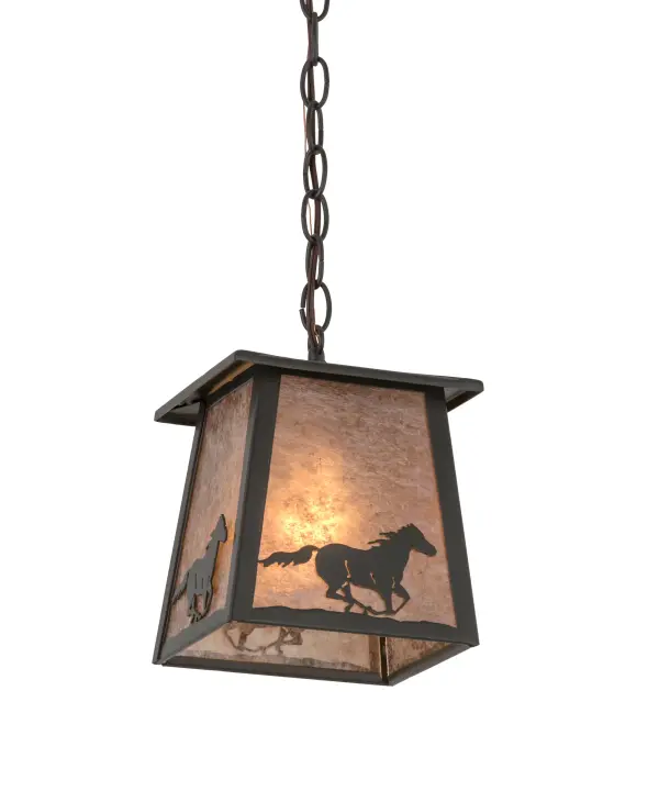 Running wild and free into the sunset; this Running Horse; adorned with windswept mane and flowing tail; is graced with muscle that is so powerful yet so gentle. This exquisite pendant captures horse silhouettes with matching frame and hardware in a Timeless Bronze finish; against a stunning Silver Mica diffuser. Handcrafted at the foothills of the magnificent Adirondack Mountains; this pendant is available in custom sizes; finishes and colors; as well as dimmable energy efficient lamping options such as LED. UL and cUL listed for damp and dry locations.