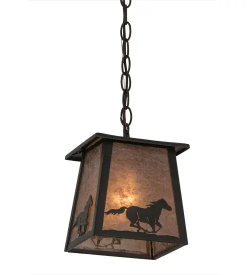 Running wild and free into the sunset; this Running Horse; adorned with windswept mane and flowing tail; is graced with muscle that is so powerful yet so gentle. This exquisite pendant captures horse silhouettes with matching frame and hardware in a Timeless Bronze finish; against a stunning Silver Mica diffuser. Handcrafted at the foothills of the magnificent Adirondack Mountains; this pendant is available in custom sizes; finishes and colors; as well as dimmable energy efficient lamping options such as LED. UL and cUL listed for damp and dry locations. - alternate view