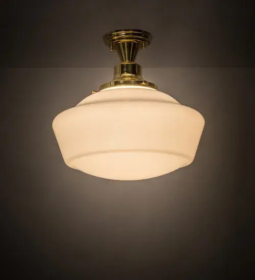 White Schoolhouse glass reflects an authentic classic design; a perfectly formed shade that was handcrafted with rich artisanship and style. Originally used in private residences; schools; galleries and libraries; this Schoolhouse electrical reproduction fixture will illuminate a broad range of interiors today. The flushmount is enhanced with hardware featured in a Polished Brass finish. The fixture is custom crafted in Upstate New York. Custom styles; colors; sizes and dimmable energy efficient lamping options such as LED are offered. The fixture is UL and cUL listed for damp and dry locations.