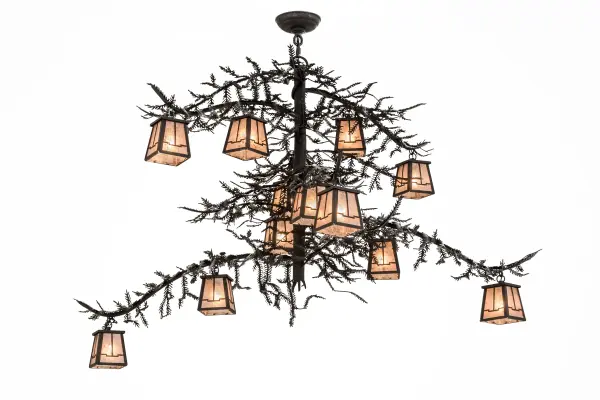 Invite the natural charm of the American woodlands into your camp, lodge, home or business with this astonishing chandelier.12 Silver Mica lanterns offered in a stunning Arts & Crafts design adorn Pine Branch shaped arms accented with the pine needles. This elaborate fixture features hardware, frame and decorative accents in a warm Dark Roast finish. Handcrafted in our facility at the foothills of the breathtaking Adirondack Mountains in the US, this chandelier is offered in custom sizes, designs and colors available, as well as dimmable, energy-efficient lamping options such as LED. The fixture is UL and cUL listed for damp and dry locations. Collection: Pine Branch Finish: Dark Roast Glass: Silver Mica Width: 48.00" Height: 37.00" Length: 41.00" Weight: 33.00 lb Extension from Wall: 41.00" Number of Bulbs: 12 Maximum Wattage: 60.00 W Bulb Type: JCD Bulb Base: G9 Light Source: Halogen Material: Steel Country of Origin: USA Safety Listing: Damp Safety Rating: Damp