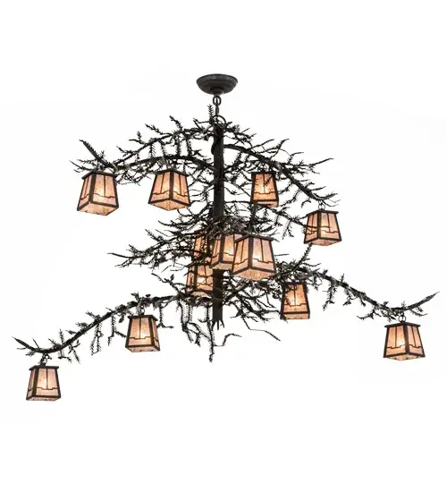 Invite the natural charm of the American woodlands into your camp, lodge, home or business with this astonishing chandelier.12 Silver Mica lanterns offered in a stunning Arts & Crafts design adorn Pine Branch shaped arms accented with the pine needles. This elaborate fixture features hardware, frame and decorative accents in a warm Dark Roast finish. Handcrafted in our facility at the foothills of the breathtaking Adirondack Mountains in the US, this chandelier is offered in custom sizes, designs and colors available, as well as dimmable, energy-efficient lamping options such as LED. The fixture is UL and cUL listed for damp and dry locations. Collection: Pine Branch Finish: Dark Roast Glass: Silver Mica Width: 48.00" Height: 37.00" Length: 41.00" Weight: 33.00 lb Extension from Wall: 41.00" Number of Bulbs: 12 Maximum Wattage: 60.00 W Bulb Type: JCD Bulb Base: G9 Light Source: Halogen Material: Steel Country of Origin: USA Safety Listing: Damp Safety Rating: Damp - alternate view