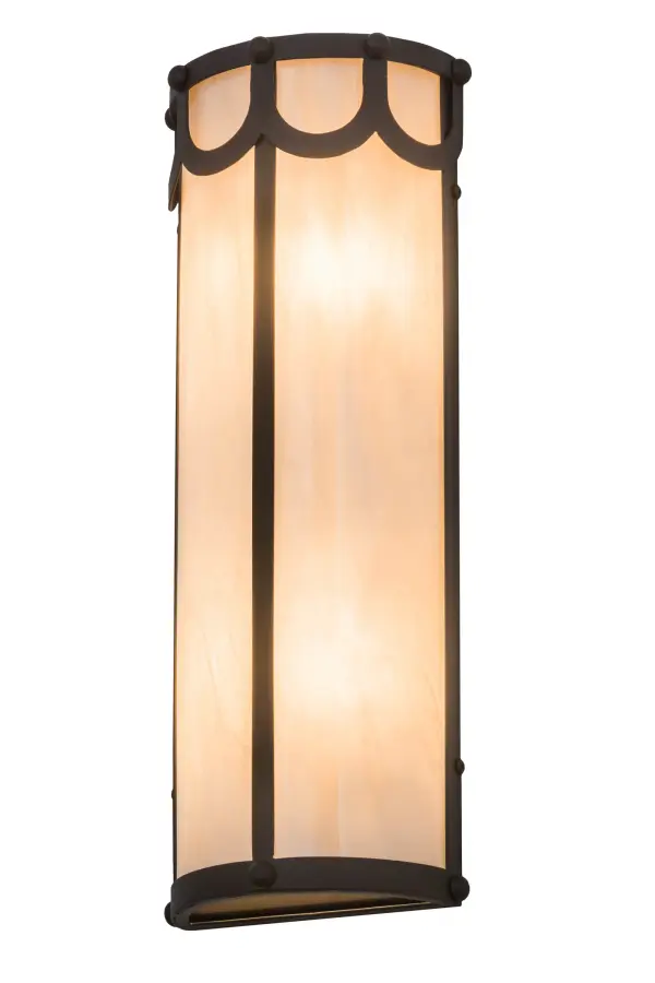 A striking transitional styled wall fixture for residential, hospitality and commercial applications, the Carousel features a Fleshtone Idalight shade which is complemented with hardware and decorative accents in an Oil Rubbed Bronze finish. The tall cylindrical wall luminaire will make a design statement in hallways and other rooms throughout your space. Handcrafted in our Yorkville, NY manufacturing facility, Carousel is available in custom sizes, styles, finishes and dimmable energy efficient lamping options such as LED. UL and cUL listed for dry and damp locations Collection: Carousel Finish: Oil Rubbed Bronze Glass: Fleshtone Idalight Width: 8.00" Height: 20.00" Length: 5.00" Weight: 5.00 lb Extension from Wall: 5.00" Number of Bulbs: 4 Maximum Wattage: 40.00 W Bulb Type: BA10 Bulb Base: E12 Material: Steel Country of Origin: USA Safety Listing: Damp Safety Rating: Damp