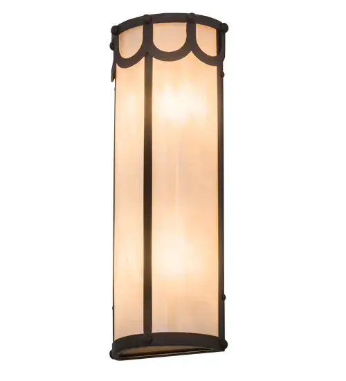 A striking transitional styled wall fixture for residential, hospitality and commercial applications, the Carousel features a Fleshtone Idalight shade which is complemented with hardware and decorative accents in an Oil Rubbed Bronze finish. The tall cylindrical wall luminaire will make a design statement in hallways and other rooms throughout your space. Handcrafted in our Yorkville, NY manufacturing facility, Carousel is available in custom sizes, styles, finishes and dimmable energy efficient lamping options such as LED. UL and cUL listed for dry and damp locations Collection: Carousel Finish: Oil Rubbed Bronze Glass: Fleshtone Idalight Width: 8.00" Height: 20.00" Length: 5.00" Weight: 5.00 lb Extension from Wall: 5.00" Number of Bulbs: 4 Maximum Wattage: 40.00 W Bulb Type: BA10 Bulb Base: E12 Material: Steel Country of Origin: USA Safety Listing: Damp Safety Rating: Damp - alternate view