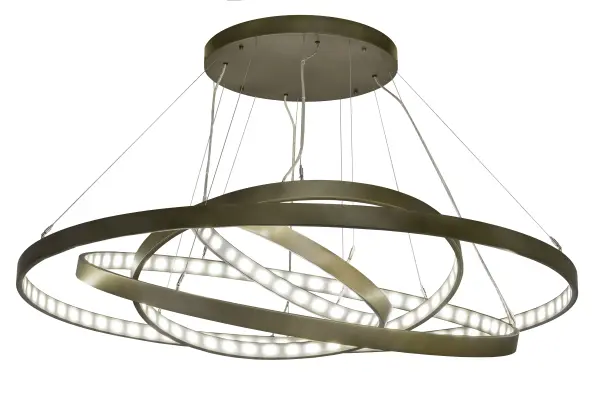 A modern sophisticated system featuring extraordinary adjustable elements of ambient light; 4 spectral halos appear to rotate in space and create a stunning visual effect and breathtaking drama. Supported by sturdy Spacecraft Cables for balance and precision; this custom configurable grouping of Black Hills Gold finished metal rings reveal Contrail Mist Idalight diffusers. High powered; integral LEDs deliver dimmable; robust illumination; energy savings; minimal maintenance and long life. Custom sizes; styles and finishes are available; as well as other lamping options. This dramatic upscale pendant is UL and cUL listed for damp and dry locations