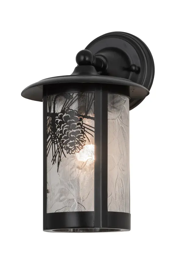 With pinecones and pine needles delicately etched of Solid Brass, this compelling design represents the iconic symbol of spiritual enlightenment and eternal life. Natural charm comes alive with ambient light shining through stunning Clear Textured Leaf art glass, which is enhanced with Solar Black finished accents and hardware. This Craftsman Signature cylindrical shaped fixture is perfect for a variety of lighting applications and handcrafted by Meyda artisans in our manufacturing facility at the foothills of the Adirondack Mountains.Custom sizes, styles, colors and dimmable energy efficient lamping options, such as LED, are available.This fixture is UL and cUL listed for wet and dry locations. Collection: Fulton Finish: Solar Black Glass: Clear Leaf Width: 8.00" Height: 13.50" Length: 5.50" Weight: 3.50 lb Extension from Wall: 5.50" Number of Bulbs: 1 Maximum Wattage: 60.00 W Bulb Type: A19 Bulb Base: E26 Material: Brass Country of Origin: USA Safety Listing: Wet Safety Rating: Wet