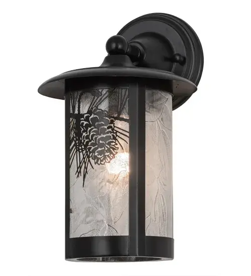 With pinecones and pine needles delicately etched of Solid Brass, this compelling design represents the iconic symbol of spiritual enlightenment and eternal life. Natural charm comes alive with ambient light shining through stunning Clear Textured Leaf art glass, which is enhanced with Solar Black finished accents and hardware. This Craftsman Signature cylindrical shaped fixture is perfect for a variety of lighting applications and handcrafted by Meyda artisans in our manufacturing facility at the foothills of the Adirondack Mountains.Custom sizes, styles, colors and dimmable energy efficient lamping options, such as LED, are available.This fixture is UL and cUL listed for wet and dry locations. Collection: Fulton Finish: Solar Black Glass: Clear Leaf Width: 8.00" Height: 13.50" Length: 5.50" Weight: 3.50 lb Extension from Wall: 5.50" Number of Bulbs: 1 Maximum Wattage: 60.00 W Bulb Type: A19 Bulb Base: E26 Material: Brass Country of Origin: USA Safety Listing: Wet Safety Rating: Wet - alternate view