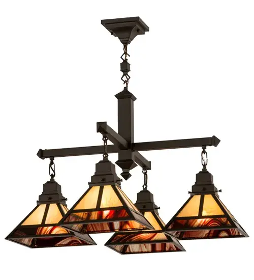 This striking four light chandelier is inspired by the Arts and Crafts movement. The stunning Mission straight line design is featured in Beige Iridescent art glass with Burgundy Swirl Glass accents and embraced by a Solid Brass frame featured in a Craftsman Brown while the hanging unit hardware is displayed in a Timeless Bronze finish. The fixture is perfect for a broad range of interior lighting applications. Handcrafted by Meyda artisans in the Yorkville; NY manufacturing facilities at the foothills of the Adirondack Mountains; this fixture is available in custom sizes; styles; colors and dimmable energy efficient lamping options such as LED. The fixture is UL and cUL listed for dry and damp locations. - alternate view