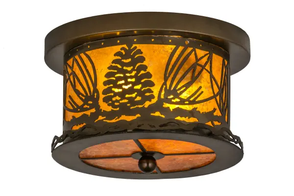 Rustic charm comes alive with beautiful ambient light through a stunning Amber Mica lens with a matching bottom diffuser.The fixture is accented with Antique Copper finished pine cones and pine needles on this nature inspired ceiling fixture.The fixture is handcrafted by Meyda artisans in our manufacturing facility at the foothills of the Adirondack Mountains. Custom designs; sizes and colors are offered. Energy efficient lamping options are available.The flushmount is UL and cUL listed for damp and dry locations.