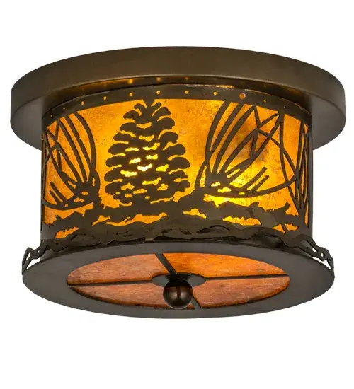 Rustic charm comes alive with beautiful ambient light through a stunning Amber Mica lens with a matching bottom diffuser.The fixture is accented with Antique Copper finished pine cones and pine needles on this nature inspired ceiling fixture.The fixture is handcrafted by Meyda artisans in our manufacturing facility at the foothills of the Adirondack Mountains. Custom designs; sizes and colors are offered. Energy efficient lamping options are available.The flushmount is UL and cUL listed for damp and dry locations. - alternate view