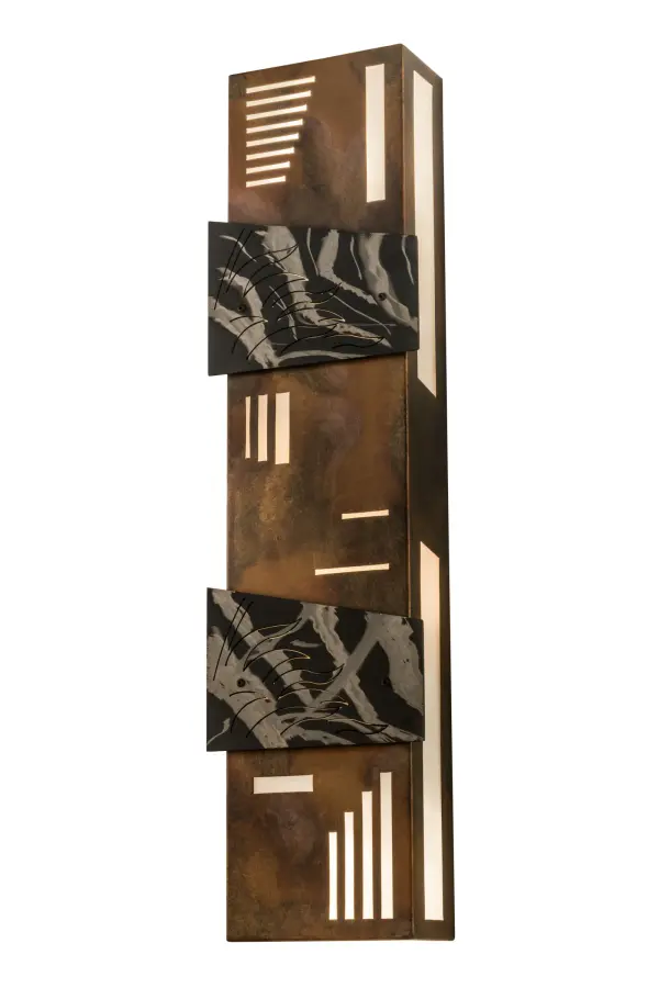 Offering a stunning nature inspired look, exquisite branches unfurl on hand painted works of art featured on two panels displayed on a hand finished Burnished Transparent Copper frame. The hardware showcases a geometric design with linear insets revealing Statuario Idalight to project beautiful ambient lighting. Custom crafted in the USA, this wall fixture is available in custom designs, sizes and finishes, as well as dimmable energy efficient lamping options such as LED. The sconce is UL and cUL listed for damp and dry locations. Collection: Indigo Finish: Burnished Transparent Copper Glass: Statuario Idalight Width: 12.00" Height: 46.00" Length: 6.25" Weight: 22.50 lb Extension from Wall: 6.25" Number of Bulbs: 4 Maximum Wattage: 40.00 W Bulb Type: A19 Bulb Base: E26 Material: Steel Country of Origin: USA Safety Listing: Damp Safety Rating: Damp