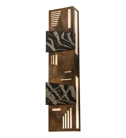 Offering a stunning nature inspired look, exquisite branches unfurl on hand painted works of art featured on two panels displayed on a hand finished Burnished Transparent Copper frame. The hardware showcases a geometric design with linear insets revealing Statuario Idalight to project beautiful ambient lighting. Custom crafted in the USA, this wall fixture is available in custom designs, sizes and finishes, as well as dimmable energy efficient lamping options such as LED. The sconce is UL and cUL listed for damp and dry locations. Collection: Indigo Finish: Burnished Transparent Copper Glass: Statuario Idalight Width: 12.00" Height: 46.00" Length: 6.25" Weight: 22.50 lb Extension from Wall: 6.25" Number of Bulbs: 4 Maximum Wattage: 40.00 W Bulb Type: A19 Bulb Base: E26 Material: Steel Country of Origin: USA Safety Listing: Damp Safety Rating: Damp - alternate view