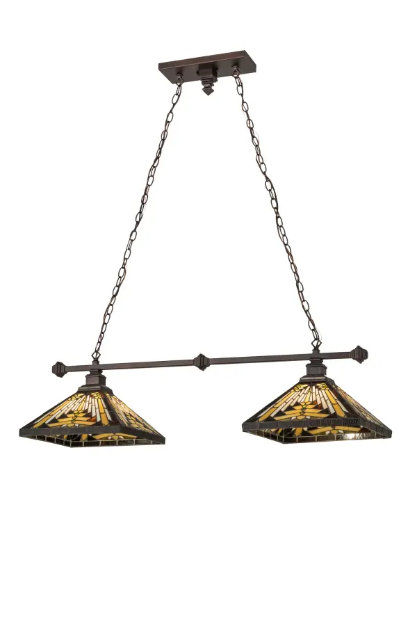 Warm earth toned Bone Beige and Moccasin Tan stained glass; accented with glistening Root Brown and Sage Green; is used to produce this intricate interlocking patterned shade. Each of the two shades; created using Meyda Tiffany's famous copperfoil construction method; features a frame; decorative accents and hardware in a warm Mahogany Bronze finish. The oblong fixture is ideal for illuminating islands; billiard tables; counters; bars and other spaces. Custom designs; styles and colors; as well as dimmable energy efficient lamping options such as LED; are available. UL and cUL listed for damp and dry locations.