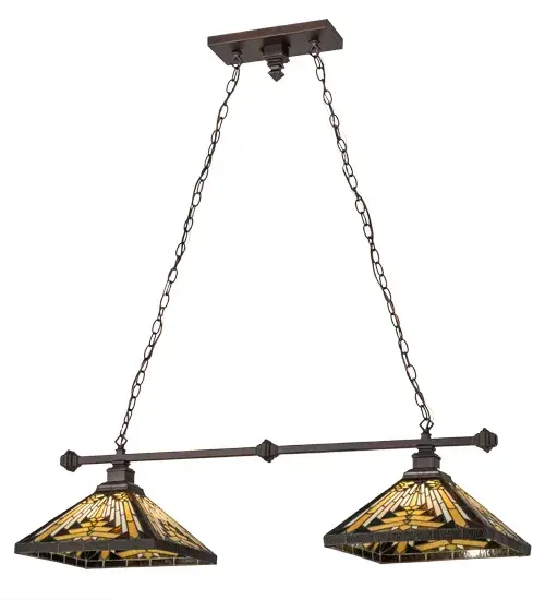 Warm earth toned Bone Beige and Moccasin Tan stained glass; accented with glistening Root Brown and Sage Green; is used to produce this intricate interlocking patterned shade. Each of the two shades; created using Meyda Tiffany's famous copperfoil construction method; features a frame; decorative accents and hardware in a warm Mahogany Bronze finish. The oblong fixture is ideal for illuminating islands; billiard tables; counters; bars and other spaces. Custom designs; styles and colors; as well as dimmable energy efficient lamping options such as LED; are available. UL and cUL listed for damp and dry locations. - alternate view