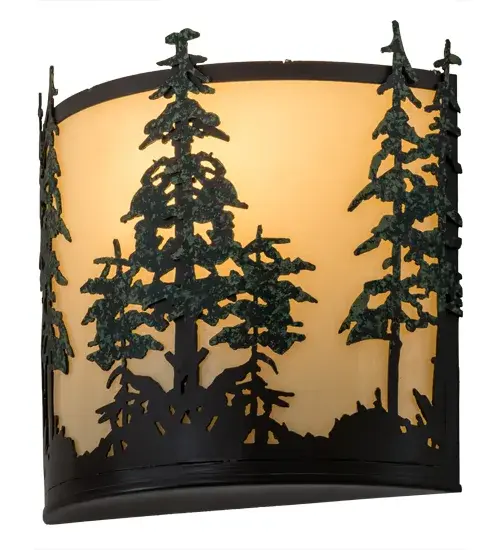 A mesmerizing stand of Tall Pine trees is highlighted among the woodlands as the warm sun shines in the golden afternoon sky.The Provostone Idalight diffuser complements decorative accents, frame and hardware featured in a Timeless Bronze finish.The trees are accented with a stunning, handpainted Green finish.Custom crafted by Meyda artisans, the curved wall fixture is created in our manufacturing facility at the foothills of the spectacular Adirondack Mountains in the USA. Custom styles, sizes and colors are available, as well as dimmable energy-efficient lamping options such as LED.The sconce is UL and cUL listed for damp and dry locations. Collection: Tall Pines Finish: Timeless Bronze/Green Trees Glass: Provostone Acrylic Width: 12.50" Height: 12.00" Length: 4.00" Weight: 4.50 lb Extension from Wall: 4.00" Number of Bulbs: 2 Maximum Wattage: 60.00 W Bulb Type: A19 Bulb Base: Medium Material: Steel Country of Origin: USA Safety Listing: Damp Safety Rating: Damp - alternate view