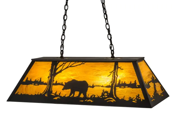 Drawing inspiration from the wildlife and natural beauty in the nearby Adirondack Mountains, this stunning lighting fixture depicts a majestic Bear wandering around a woodland lake.A beautiful ambient glow projects through stunning Honey Wispy art glass, which is complemented with a frame and hardware featured in a Timeless Bronze finish. The fixture is ideal for illuminating billiard tables, islands, counters and other areas.The pendant is handcrafted by Meyda artisans in our Yorkville, NY facility in the USA.Custom designs, finishes, styles, sizes and dimmable energy efficient lamping such as LED are available.The fixture is UL and cUL listed for damp and dry locations. Collection: Bear At Lake Finish: Timeless Bronze Glass: Honey Art Glass Width: 17.00" Height: 20.00" Length: 39.00" Weight: 30.00 lb Extension from Wall: 6.25" Number of Bulbs: 6 Maximum Wattage: 60.00 W Bulb Type: A19 Bulb Base: Medium Material: Steel Country of Origin: USA Safety Listing: Damp Safety Rating: Damp