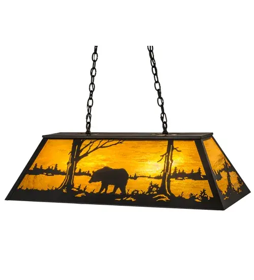 Drawing inspiration from the wildlife and natural beauty in the nearby Adirondack Mountains, this stunning lighting fixture depicts a majestic Bear wandering around a woodland lake.A beautiful ambient glow projects through stunning Honey Wispy art glass, which is complemented with a frame and hardware featured in a Timeless Bronze finish. The fixture is ideal for illuminating billiard tables, islands, counters and other areas.The pendant is handcrafted by Meyda artisans in our Yorkville, NY facility in the USA.Custom designs, finishes, styles, sizes and dimmable energy efficient lamping such as LED are available.The fixture is UL and cUL listed for damp and dry locations. Collection: Bear At Lake Finish: Timeless Bronze Glass: Honey Art Glass Width: 17.00" Height: 20.00" Length: 39.00" Weight: 30.00 lb Extension from Wall: 6.25" Number of Bulbs: 6 Maximum Wattage: 60.00 W Bulb Type: A19 Bulb Base: Medium Material: Steel Country of Origin: USA Safety Listing: Damp Safety Rating: Damp - alternate view